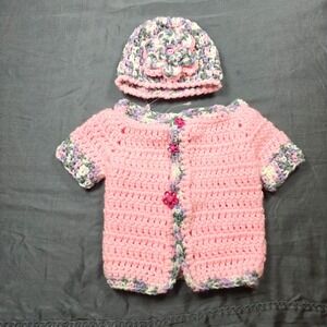 Handmade Crochet Baby Girl Cardigan and Beanie Set Pink Flower Buttons Baby O/S